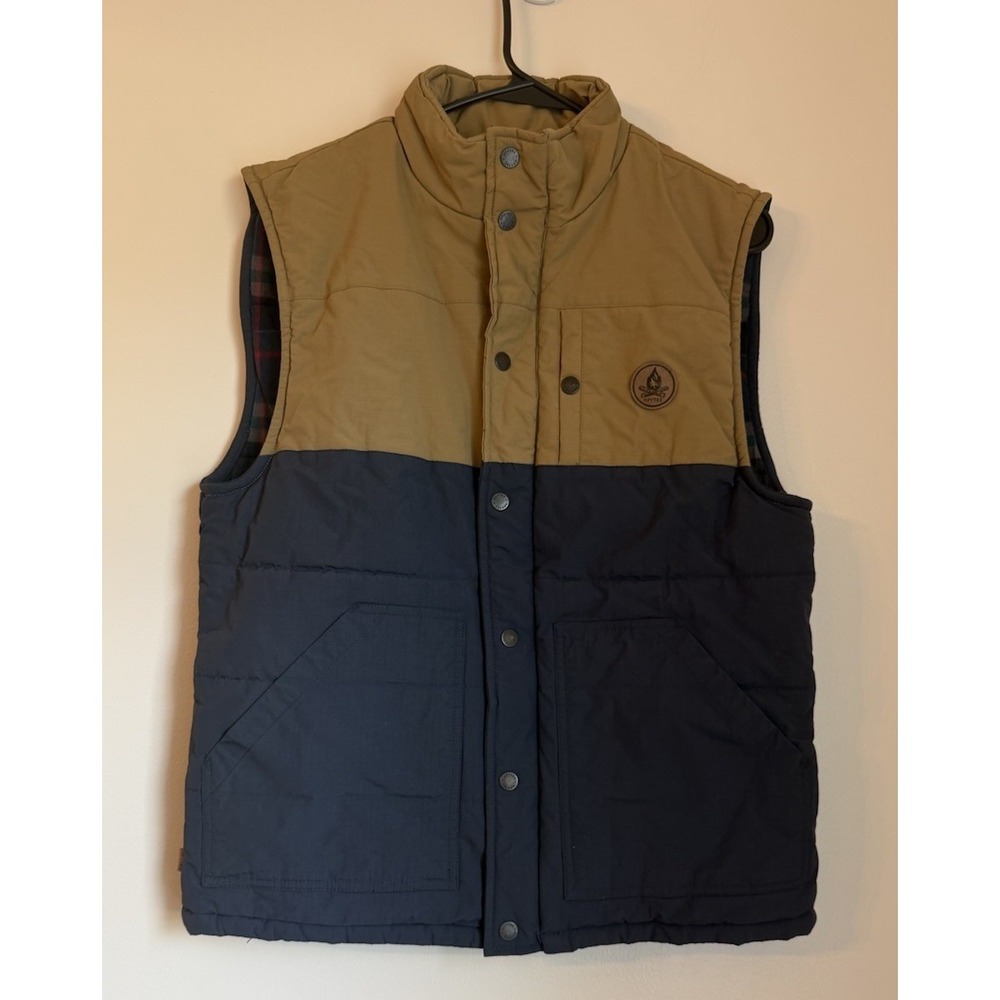 Men's Hippy tree Outdoor Full Zip Vancouver Plaid Lined Vest Sz Small Blue Tan